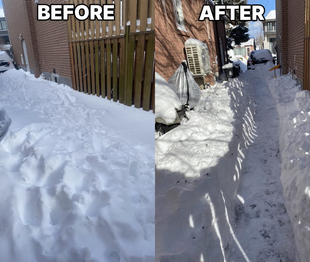 A walkway before and after snow clearing